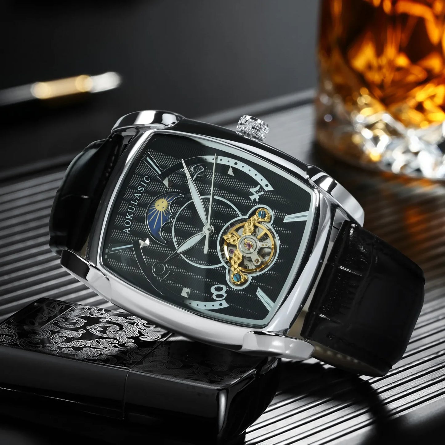 AOKULASIC Tonneau Moon Phase Tourbillon Automatic Watch