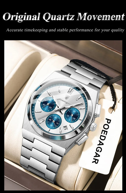 POEDAGAR Luxury Man Watch Chronograph Date Stainless Steel Sport Men Wristwatch Waterproof Luminous Fashion Quartz Men's Watches
