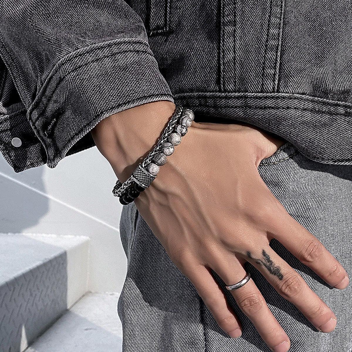 New European and American frosted map Stone Bracelet Men's double-layer beaded otbuckle transfer beads titanium steel all-match bracelet jewelry fashion