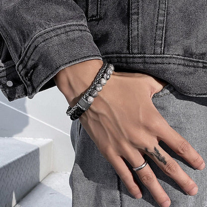 New European and American frosted map Stone Bracelet Men's double-layer beaded otbuckle transfer beads titanium steel all-match bracelet jewelry fashion