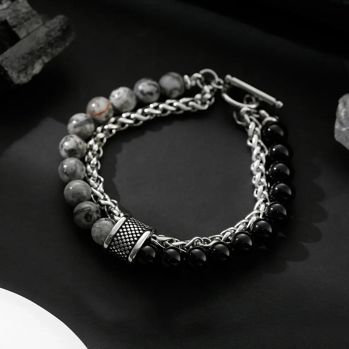 New European and American frosted map Stone Bracelet Men's double-layer beaded otbuckle transfer beads titanium steel all-match bracelet jewelry fashion