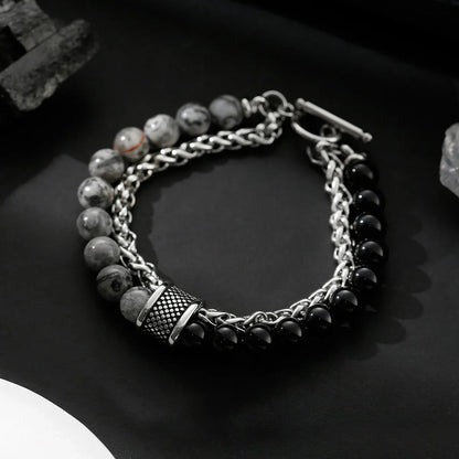New European and American frosted map Stone Bracelet Men's double-layer beaded otbuckle transfer beads titanium steel all-match bracelet jewelry fashion