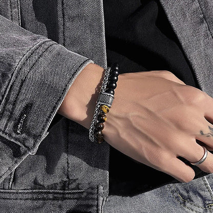 New European and American frosted map Stone Bracelet Men's double-layer beaded otbuckle transfer beads titanium steel all-match bracelet jewelry fashion