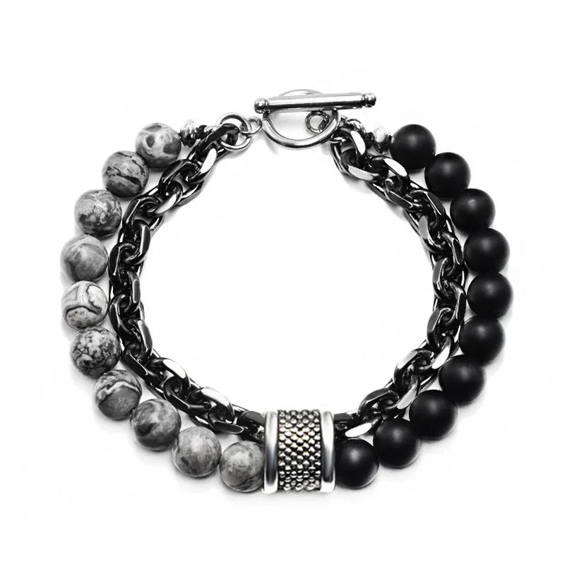New European and American frosted map Stone Bracelet Men's double-layer beaded otbuckle transfer beads titanium steel all-match bracelet jewelry fashion
