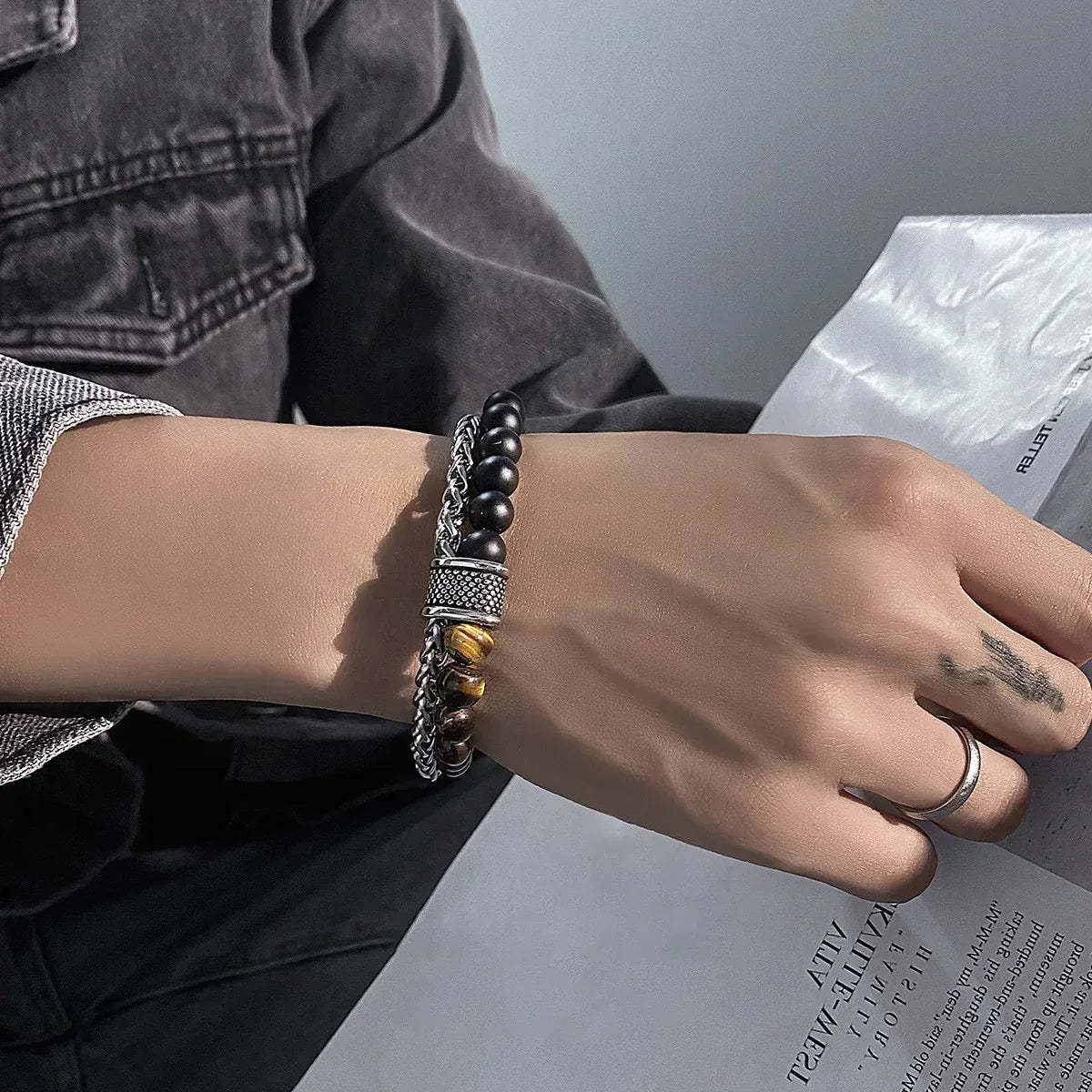 New European and American frosted map Stone Bracelet Men's double-layer beaded otbuckle transfer beads titanium steel all-match bracelet jewelry fashion