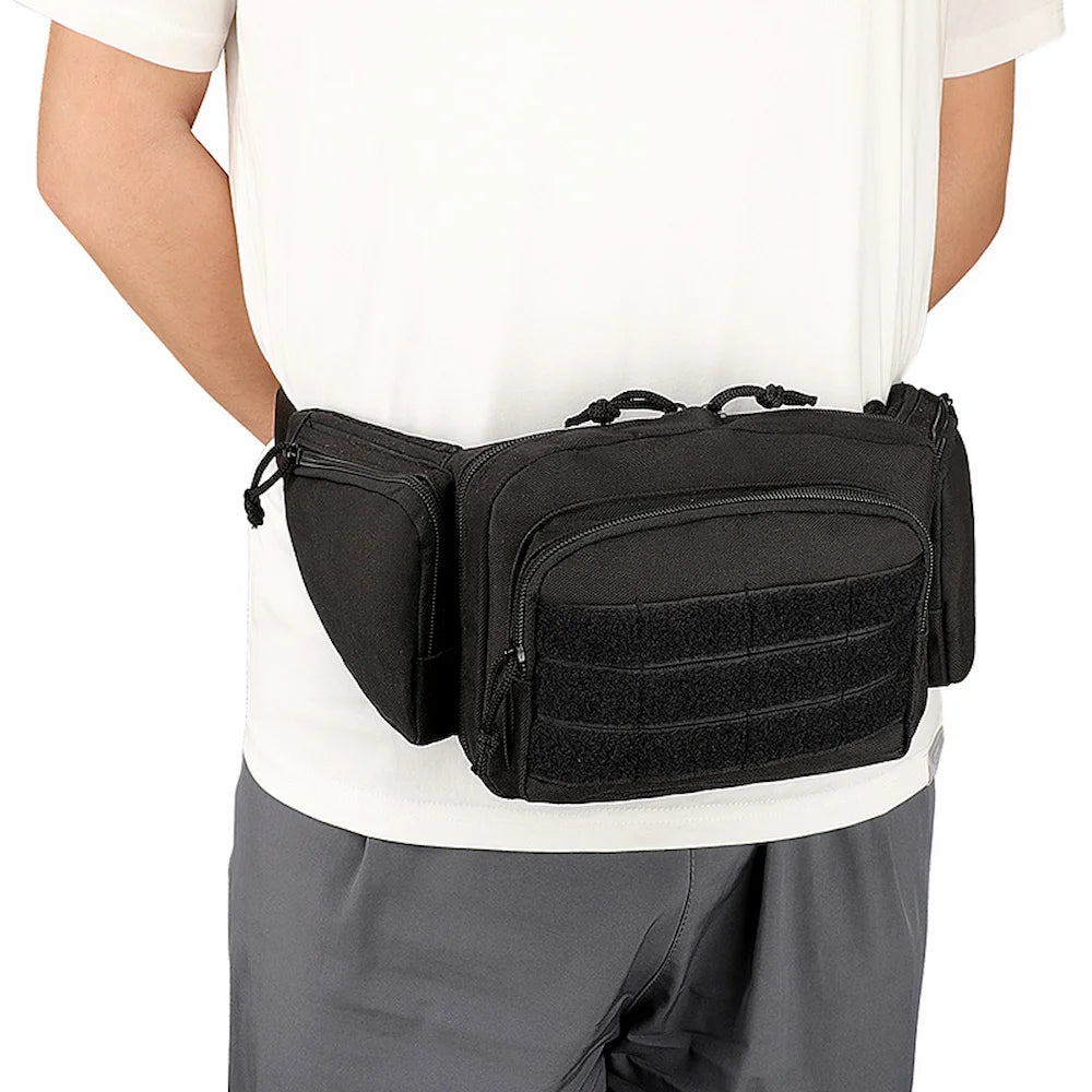 Man wearing a multi-pocket black tactical waist bag around his waist from behind