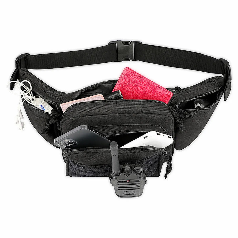 Black tactical fanny pack filled with a phone, power bank, wallet, and walkie talkie