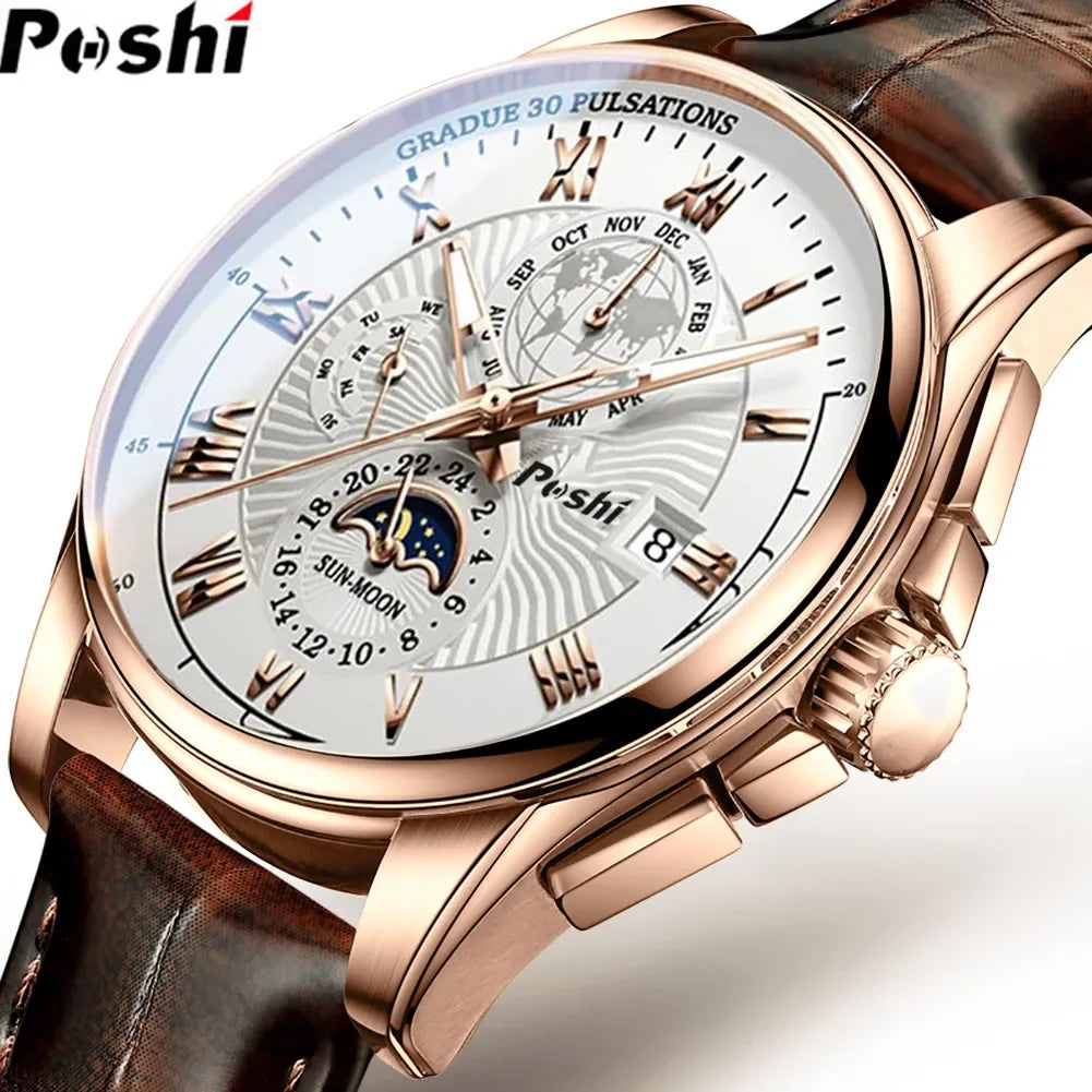 POSHI Top Brand Men's Watch waterproof original japan Fashion Chronograph Quartz Watch Men Military Leather Strap Sports Watches