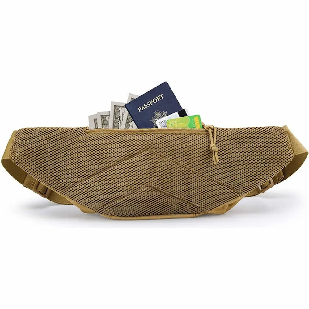 Khaki slim travel waist bag with a passport and cards inside