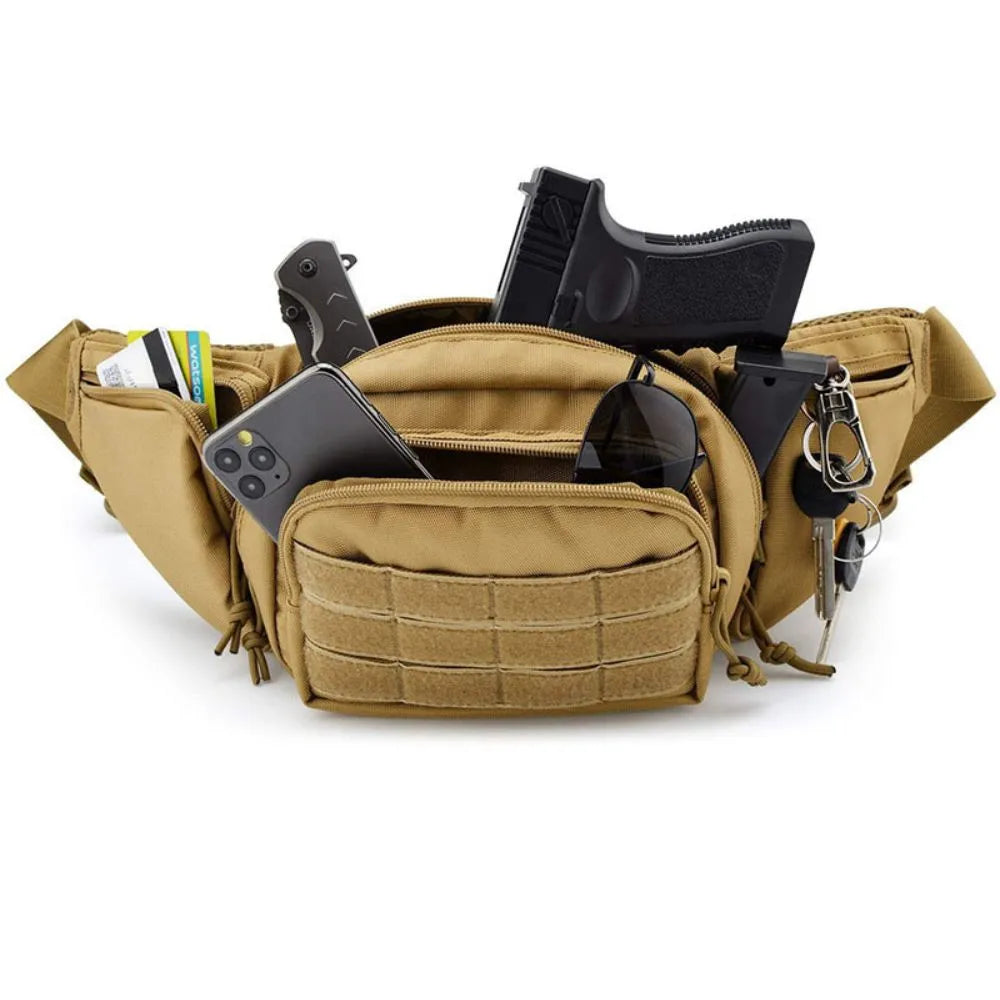 Khaki tactical waist bag filled with everyday carry gear, phone, and keys