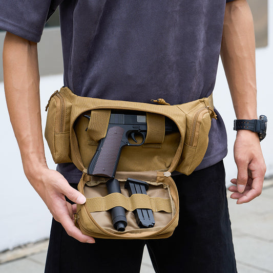 Man wearing Meddy Monkey khaki tactical waist bag on waist