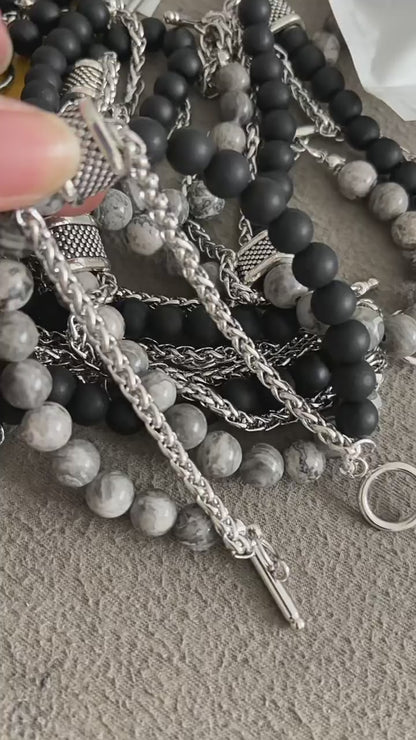 New European and American frosted map Stone Bracelet Men's double-layer beaded otbuckle transfer beads titanium steel all-match bracelet jewelry fashion