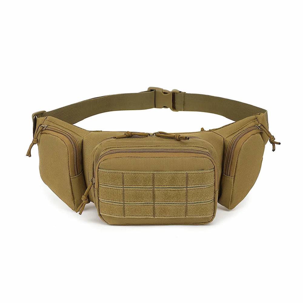 Khaki multi-pocket tactical waist bag with adjustable strap on a white background