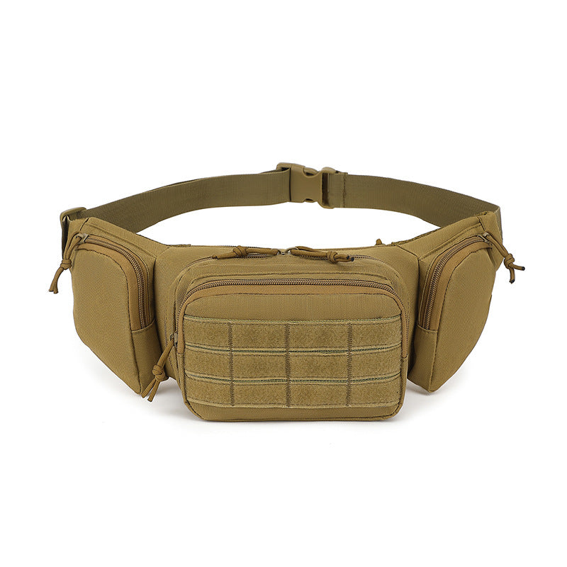 Tan waist bag with multiple pockets on a white background