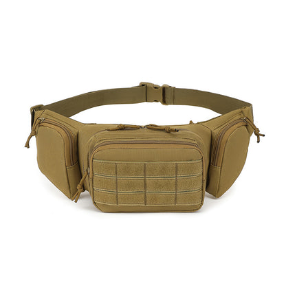 Tan waist bag with multiple pockets on a white background
